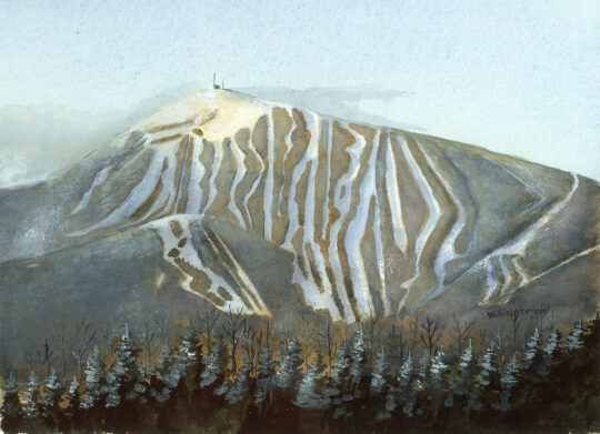 Watercolor print by Wendy Webster Good of Sugarloaf Mountain, ME in the morning