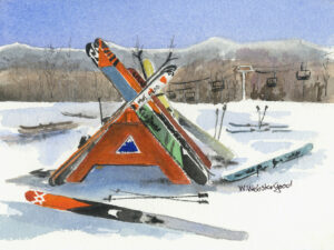 watercolor print by wendy webster good of skis in the rack at Sugarloaf