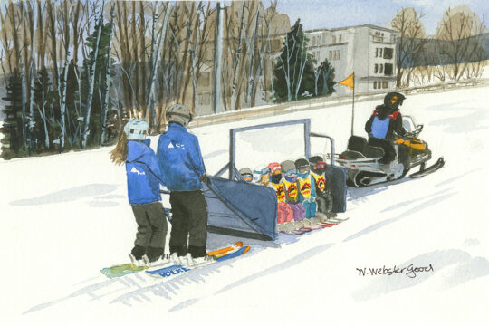 watercolor print by wendy webster good of ski school at sugarloaf