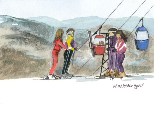 watercolor print of skiers at gondi mid station by wendy webster good. Sugarloaf ME
