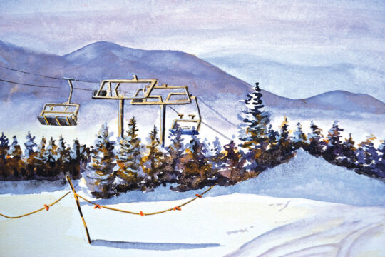 watercolor print by wendy webster good of timberline chairlift at sugarloaf mountain maine