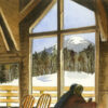 watercolor print by wendy webster good of skiers warming up inside bullwinkles lodge