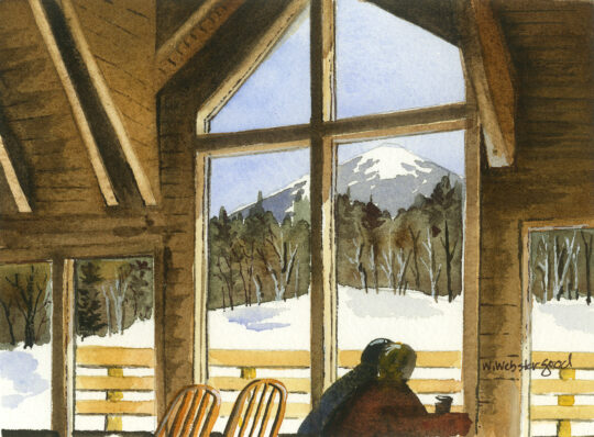 watercolor print by wendy webster good of skiers warming up inside bullwinkles lodge