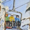 Watercolor print by Wendy Webster Good of skiers on the lift at Sugarloaf Mountain ME