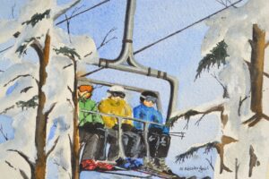 Watercolor print by Wendy Webster Good of skiers on the lift at Sugarloaf Mountain ME