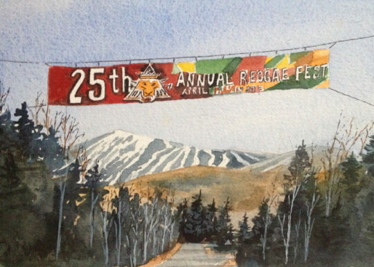 watercolor print by wendy webster good of reggae fest at sugarloaf mountain maine
